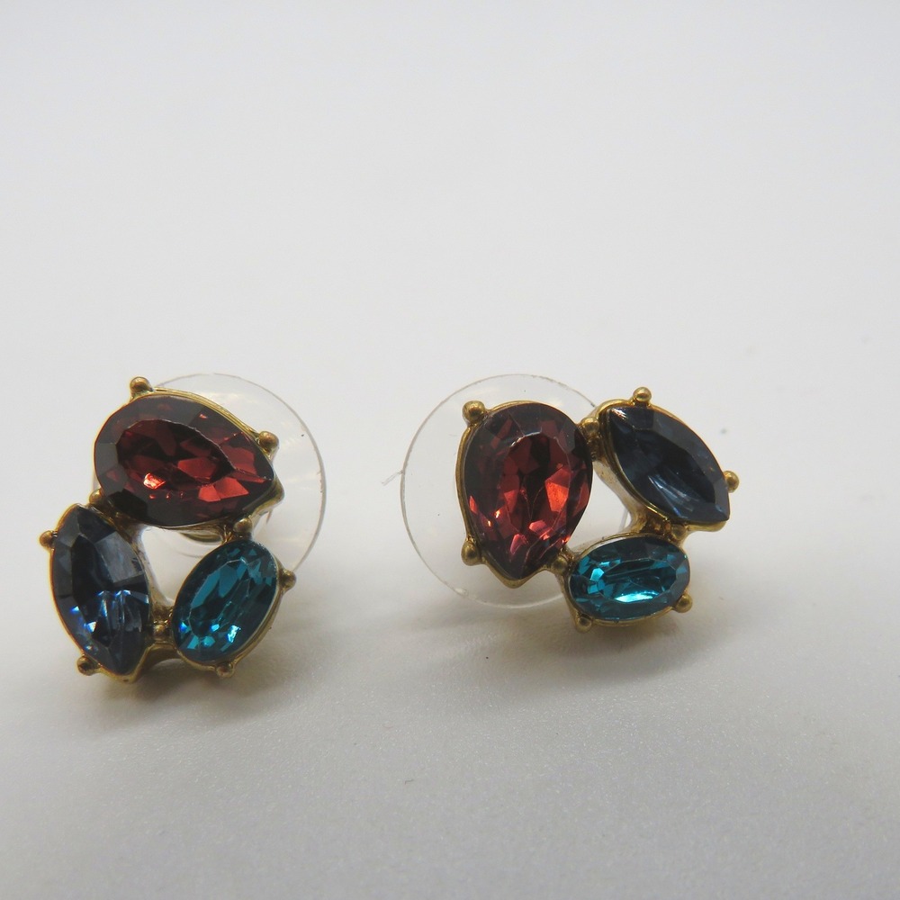 J.Crew Cluster Stud Earrings Gold Tone Burgundy Navy Teal Crystal Post Back